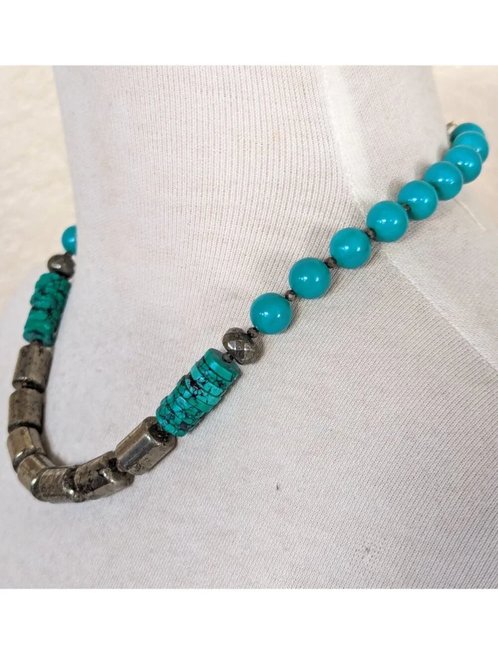 Rustic Southwestern Turquoise Blue & Gold Pyrite Statement Necklace